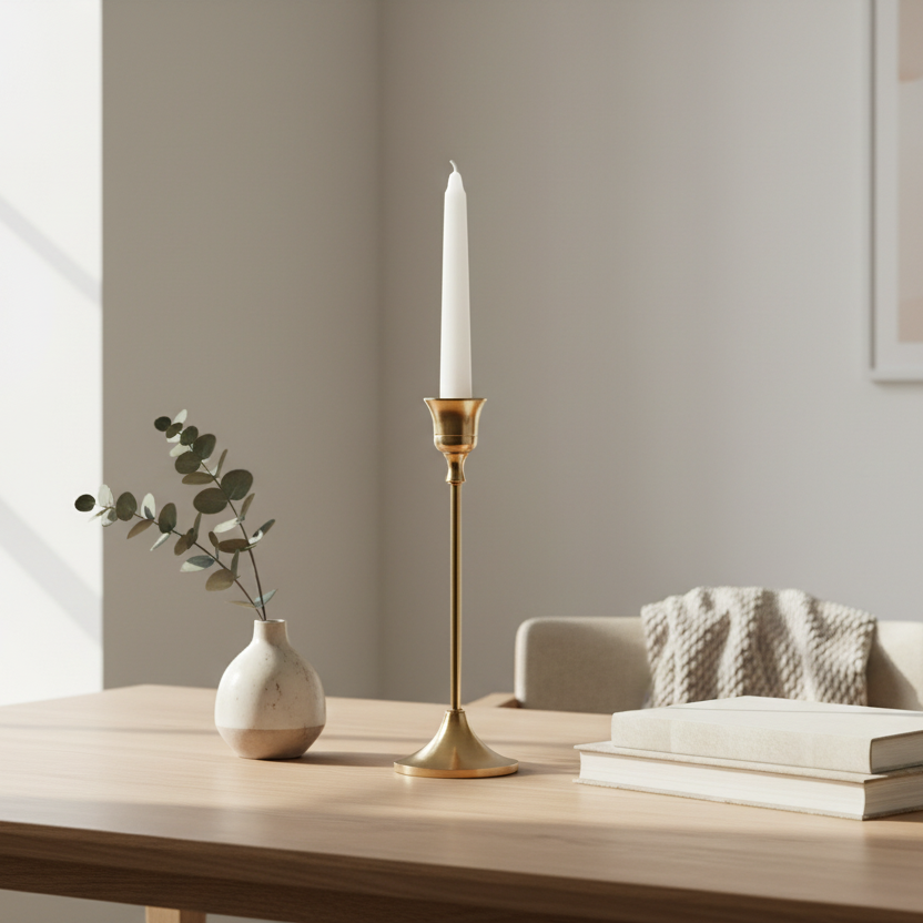 Gold candle holder with a white candle on a white background