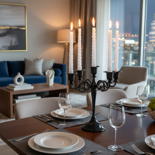 Dining table set with candles and cityscape view