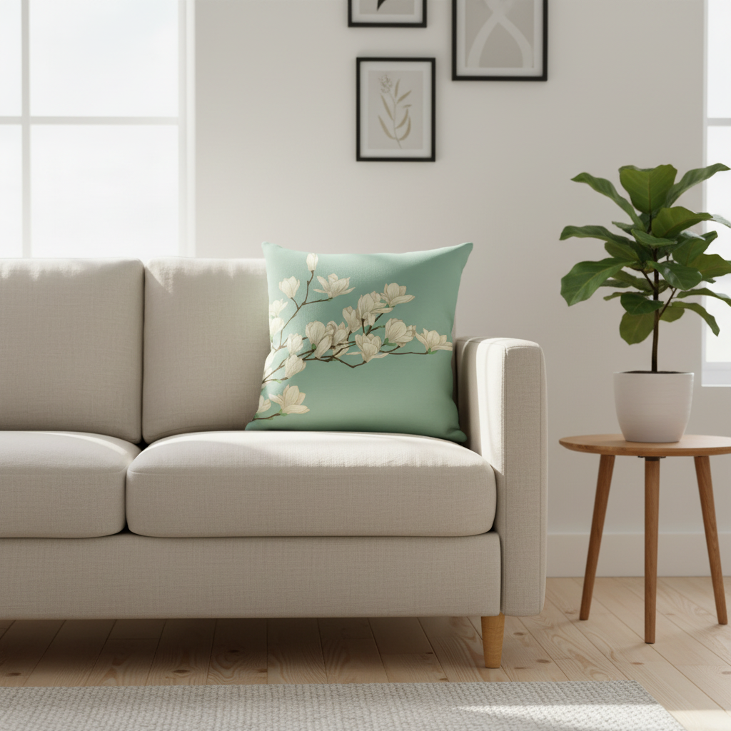Elegant Magnolia Branch Cushion Cover in Aqua