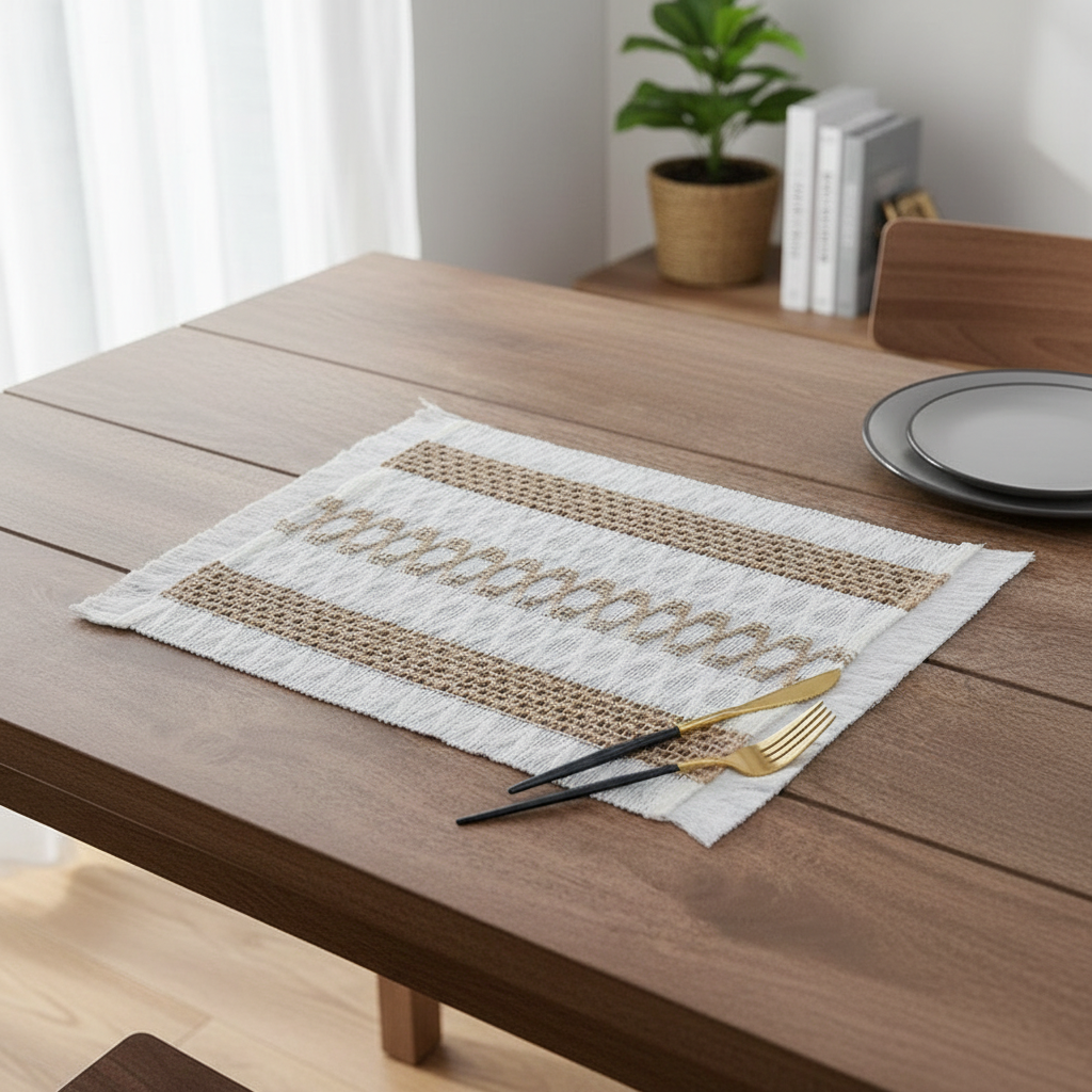 Boho Woven Placemat with Fringe and Geometric Patterns (Set of 8)
