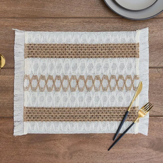 Boho Woven Placemat with Fringe and Geometric Patterns (Set of 8)