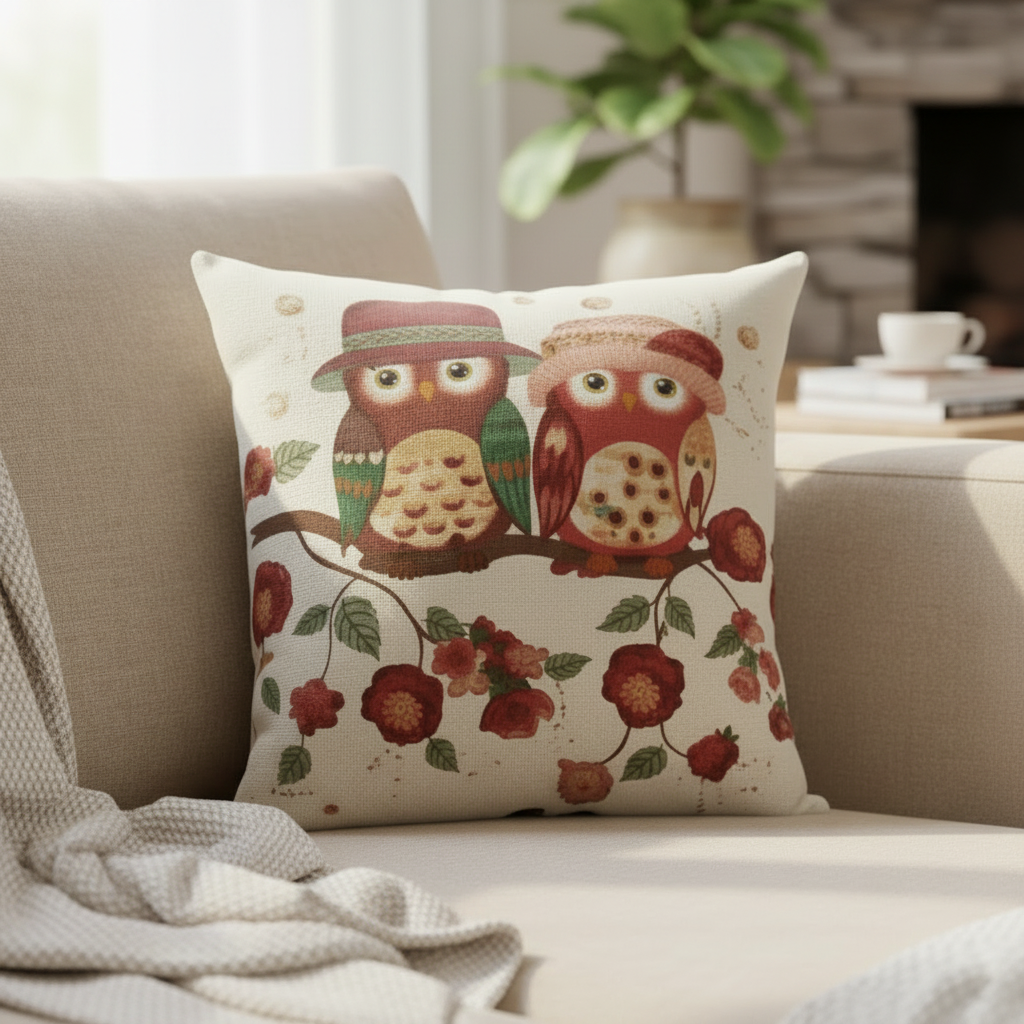 Whimsical Woodland Romance: Adorable Owl Couple Cushion Cover