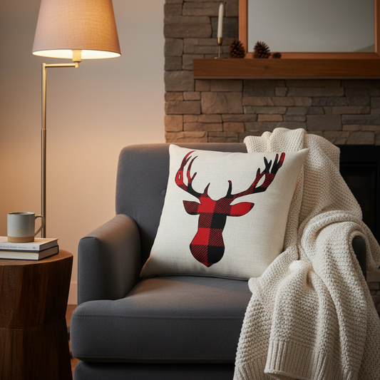 Cozy living room with a gray armchair, plaid deer pillow, and a fireplace.