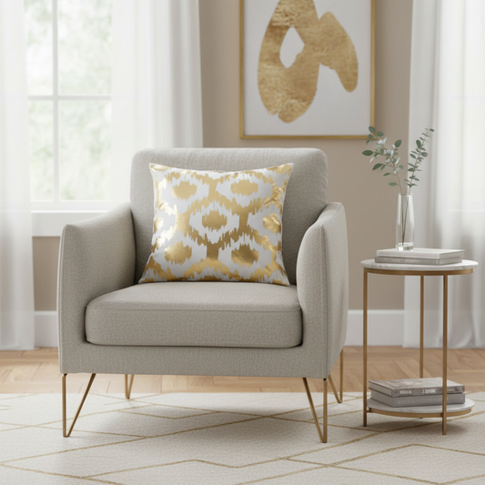 Gray armchair with a gold and white patterned pillow in a living room setting.