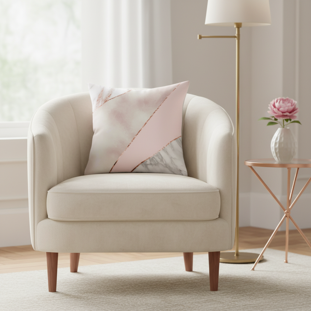 Beige armchair with a pink pillow in a bright living room setting