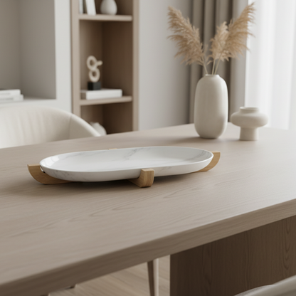 White oval dish on a wooden table with decorative elements in a minimalistic room.
