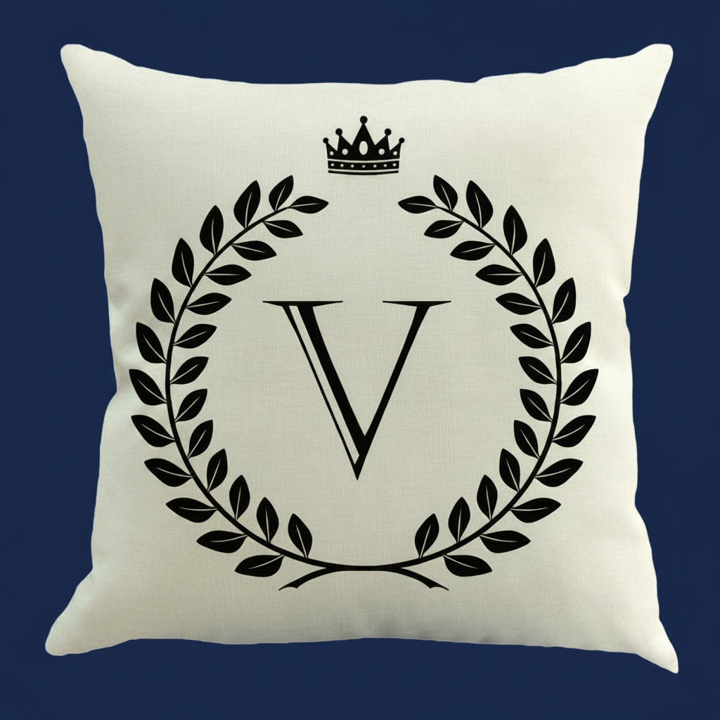 Regal Monogram Elegance: Personalized "V" Laurel Crown Cushion Cover