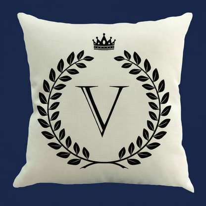 Regal Monogram Elegance: Personalized "V" Laurel Crown Cushion Cover