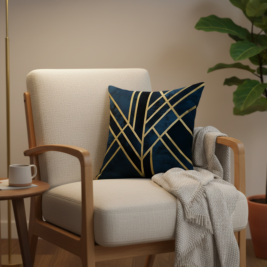 Beige armchair with a blue pillow featuring gold geometric patterns, a gray blanket, and a small table with a mug.