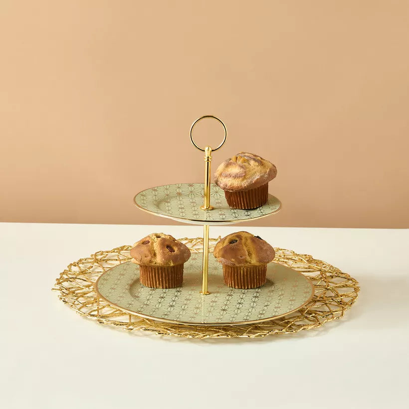 Art Deco Gold Geometric 2-Tier Cupcake Stand – Elegant Porcelain Dessert Server with Modern Appeal