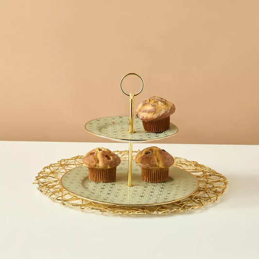 Art Deco Gold Geometric 2-Tier Cupcake Stand – Elegant Porcelain Dessert Server with Modern Appeal