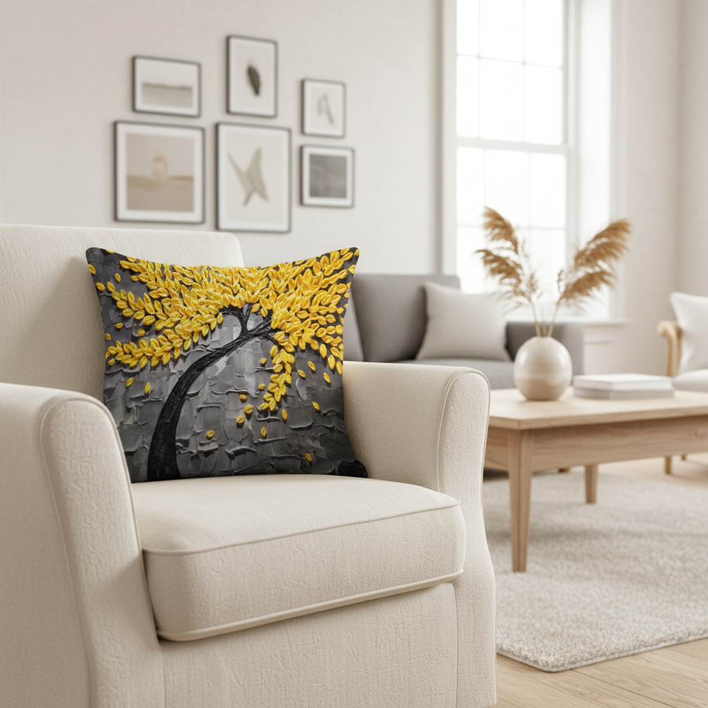 A square throw pillow with a textured 3D effect print of a tree with bright yellow leaves on a dark gray background, resting on a cream-colored armchair in a modern, sunlit living room.
