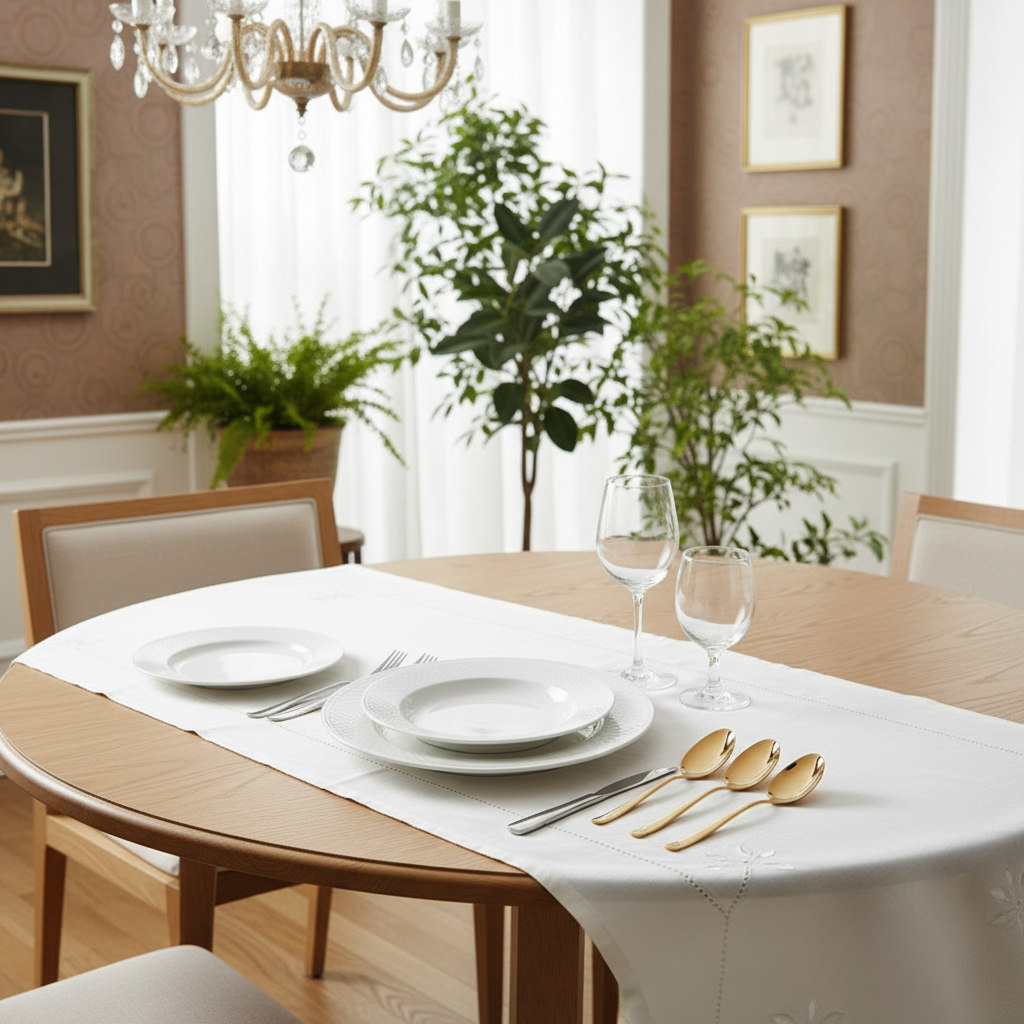 Dining room with a table set for a meal, featuring plates, silverware, and wine glasses.