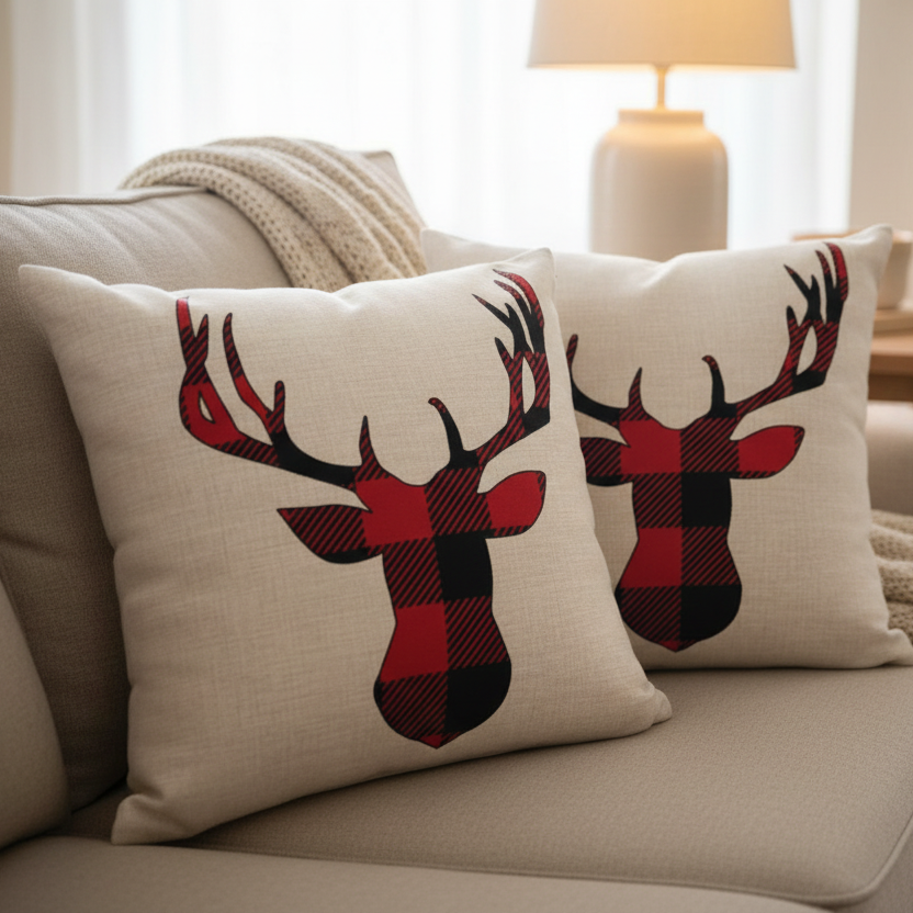 Two decorative pillows with deer head patterns on a couch.