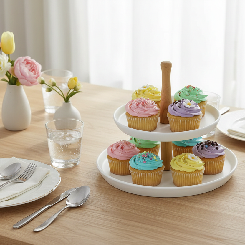 Modern Nordic 2-Tier Cupcake Stand – White Speckled Ceramic Plates with Natural Wood Handle
