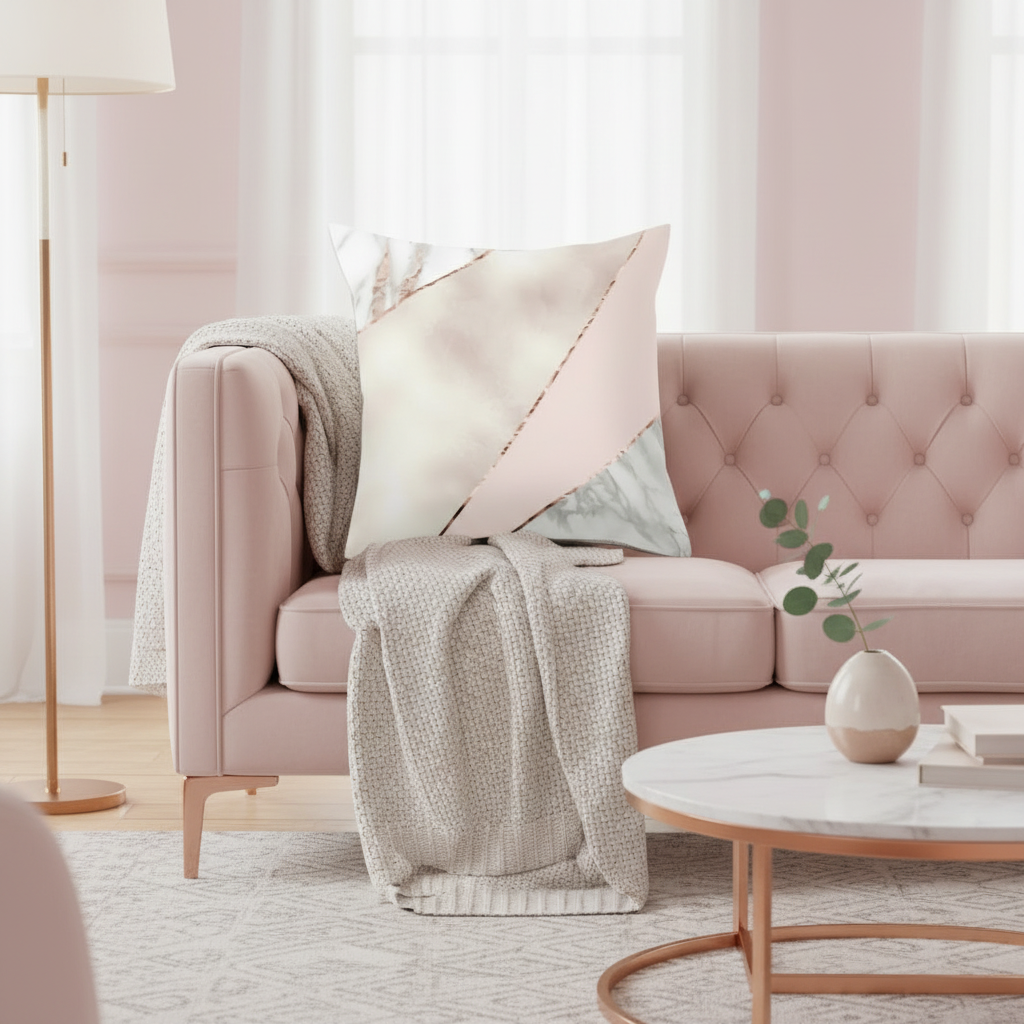 Rose Quartz Glam: Geometric Marble, Pink & Rose Gold Cushion Cover