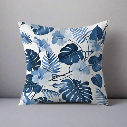 Tropical Serenity: Blue Floral & Leaf Printed Cushion Cover (Set of 2)