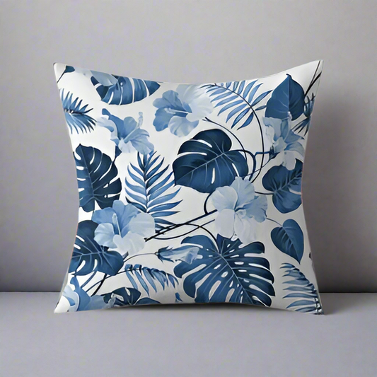 Tropical Serenity: Blue Floral & Leaf Printed Cushion Cover (Set of 2)