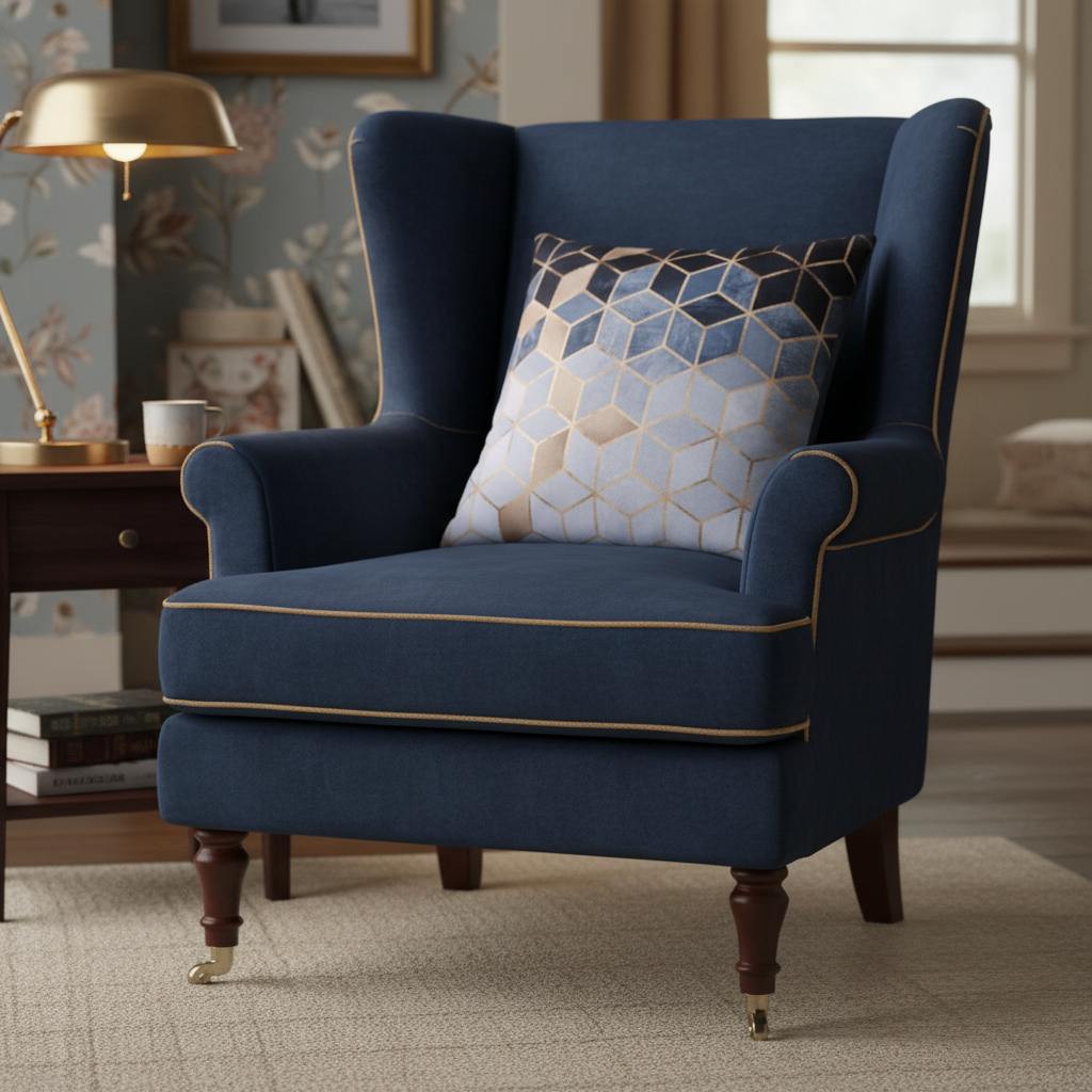 Blue armchair with a patterned pillow in a room setting
