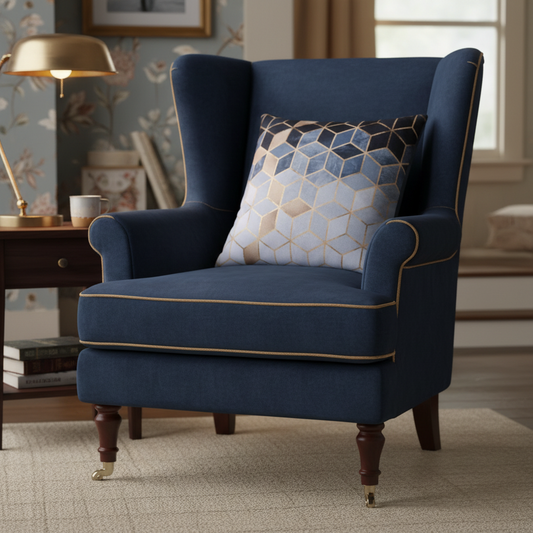 Blue armchair with a patterned pillow in a room setting