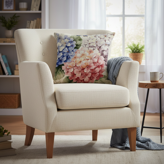 Beige armchair with a floral pillow in a cozy living room setting