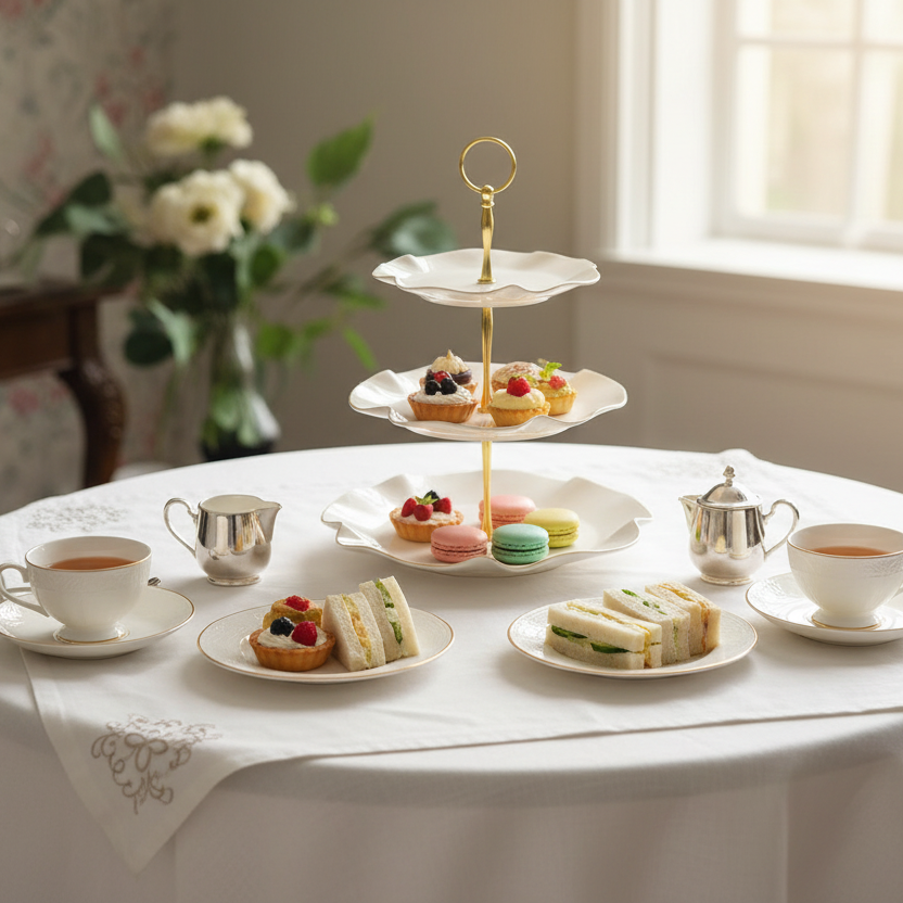 Three-tiered tea stand with finger sandwiches, pastries, and teacups on a white tablecloth.