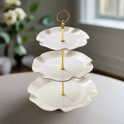 Chic 3-Tier Ruffled Porcelain Cupcake Stand – Gold Accented Dessert Server for Elegant Entertaining