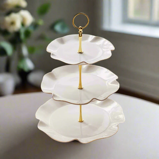 Chic 3-Tier Ruffled Porcelain Cupcake Stand – Gold Accented Dessert Server for Elegant Entertaining