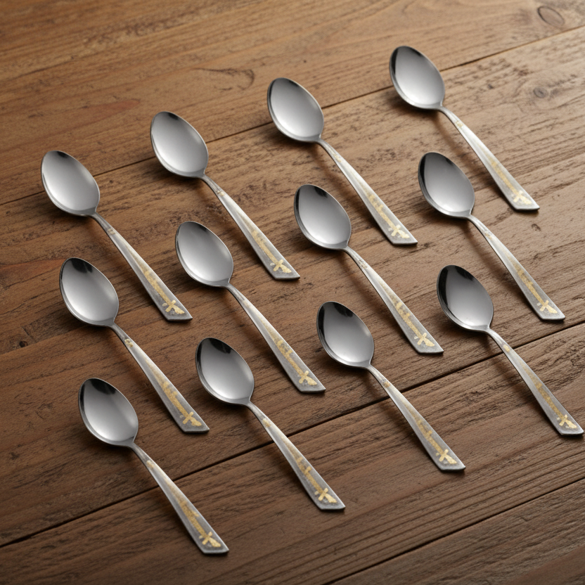 Set of silver spoons with decorative handles on a brown background