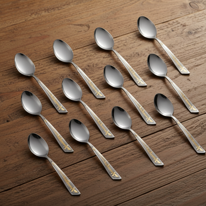 Set of silver spoons with decorative handles on a brown background