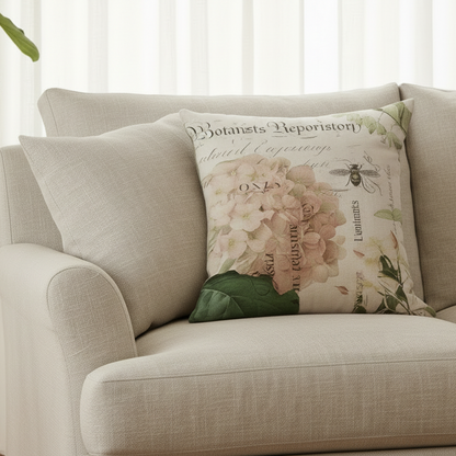 Decorative pillow with floral design on a beige sofa