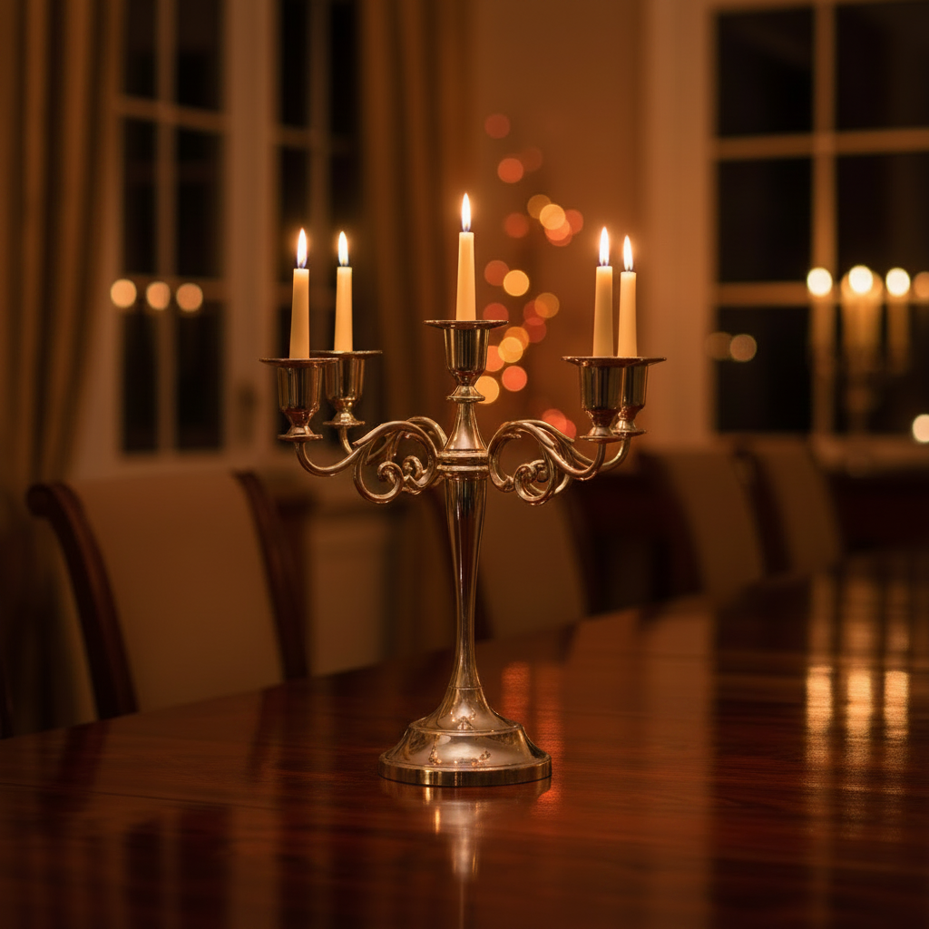 A silver-toned five-arm candelabra with lit white candles sits on a polished wooden dining table in a warmly lit room with blurred windows and bokeh lights in the background.