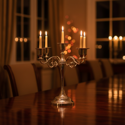 A silver-toned five-arm candelabra with lit white candles sits on a polished wooden dining table in a warmly lit room with blurred windows and bokeh lights in the background.