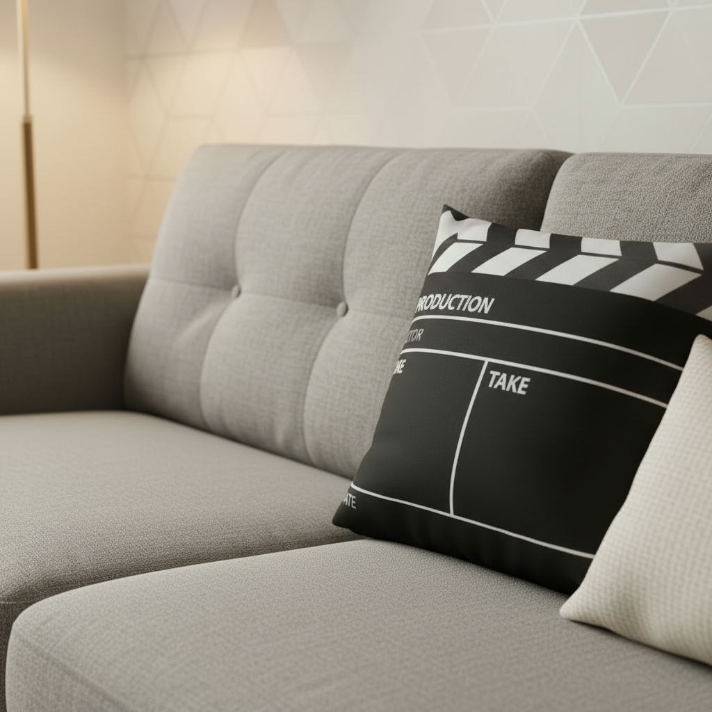 Gray sofa with a clapperboard pillow in a living room setting