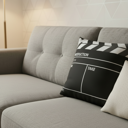 Gray sofa with a clapperboard pillow in a living room setting
