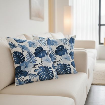 Blue leaf-patterned pillows on a beige sofa in a living room setting.