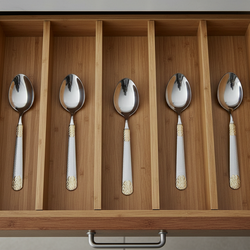Set of six silver spoons with gold and white handles in a wooden drawer.