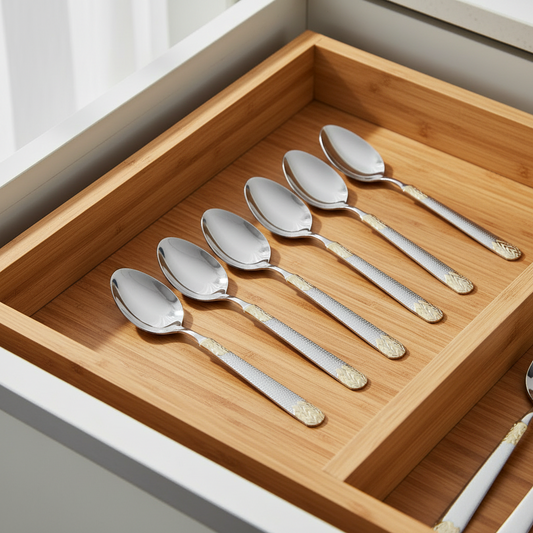 Set of silver spoons in a wooden drawer organizer