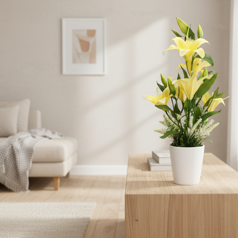 Yellow potted plant on a wooden table in a living room with a couch and framed picture.