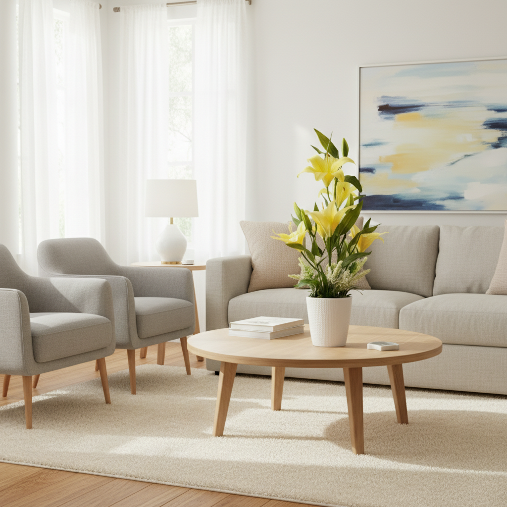 Modern living room with gray sofa, armchairs, and a round wooden coffee table.