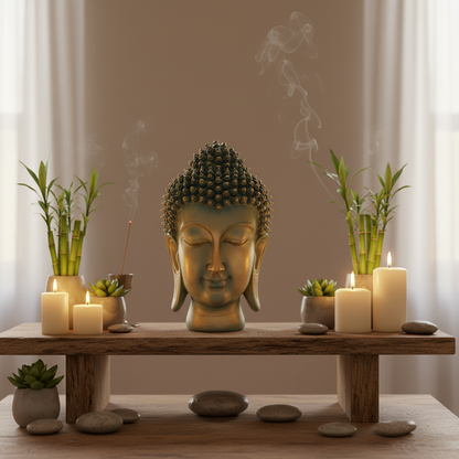 Buddha statue with candles and plants on a wooden table