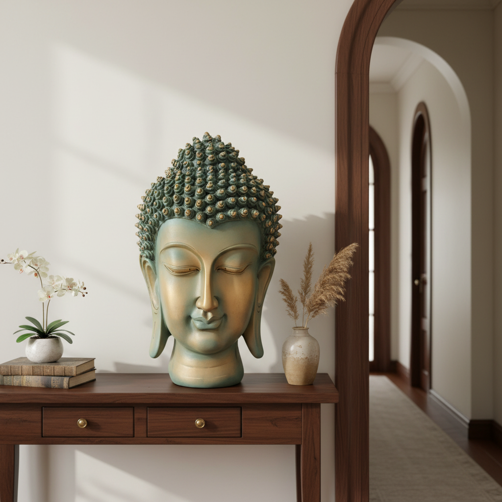 Buddha head sculpture on a wooden console table with decorative items in a room.