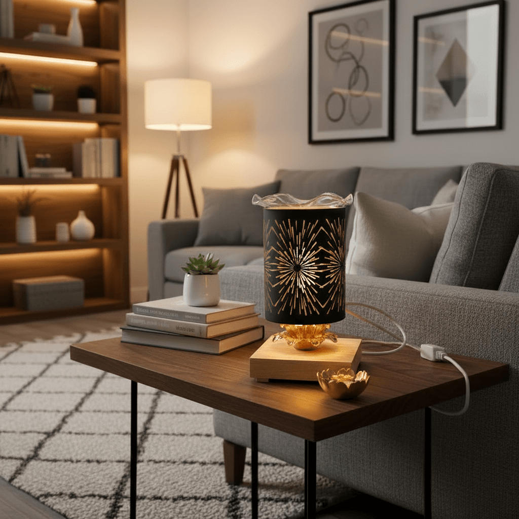 A lit aroma lamp on a wooden coffee table in a cozy living room.