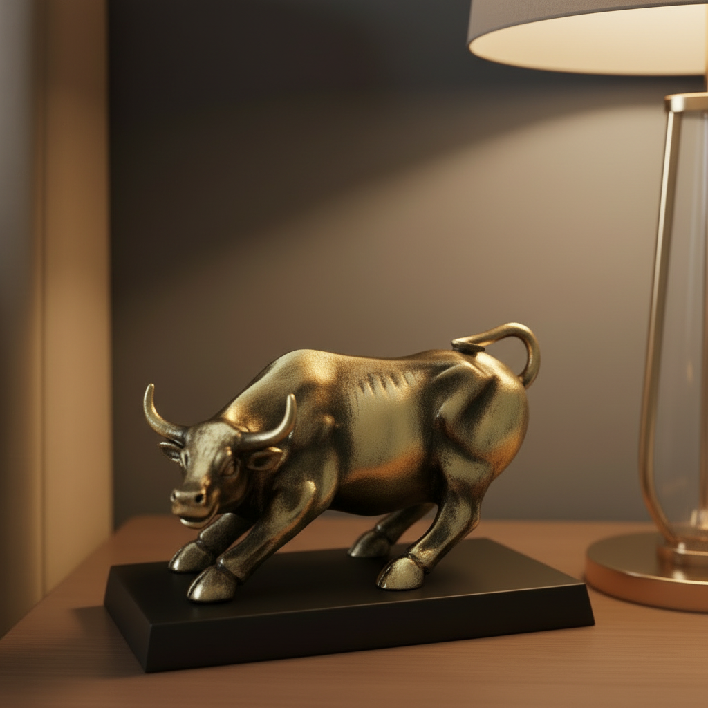 Bronze bull statue on a table with a lamp in the background
