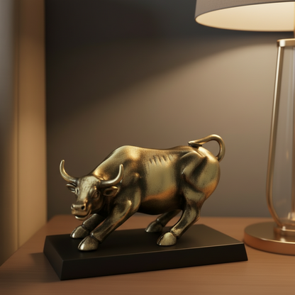Bronze bull statue on a table with a lamp in the background