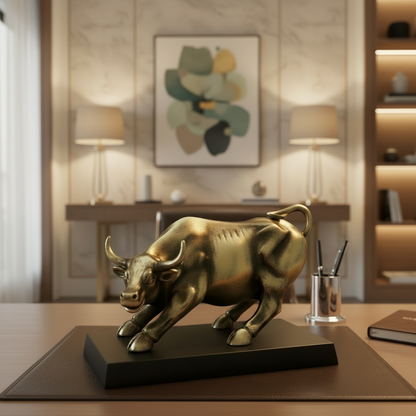 Gold bull statue on a desk in an office setting with decor elements.