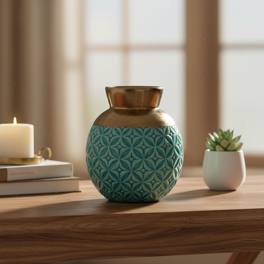 Decorative teal vase with gold accents on a wooden surface, with a candle and small plant in the background.