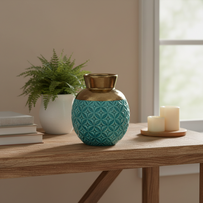 Teal and gold patterned vase on a wooden table with a plant and candles in the background.