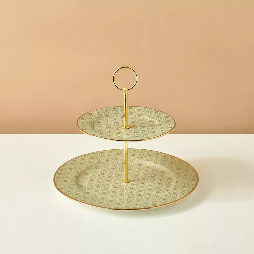 Art Deco Gold Geometric 2-Tier Cupcake Stand – Elegant Porcelain Dessert Server with Modern Appeal