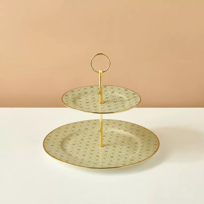 Art Deco Gold Geometric 2-Tier Cupcake Stand – Elegant Porcelain Dessert Server with Modern Appeal